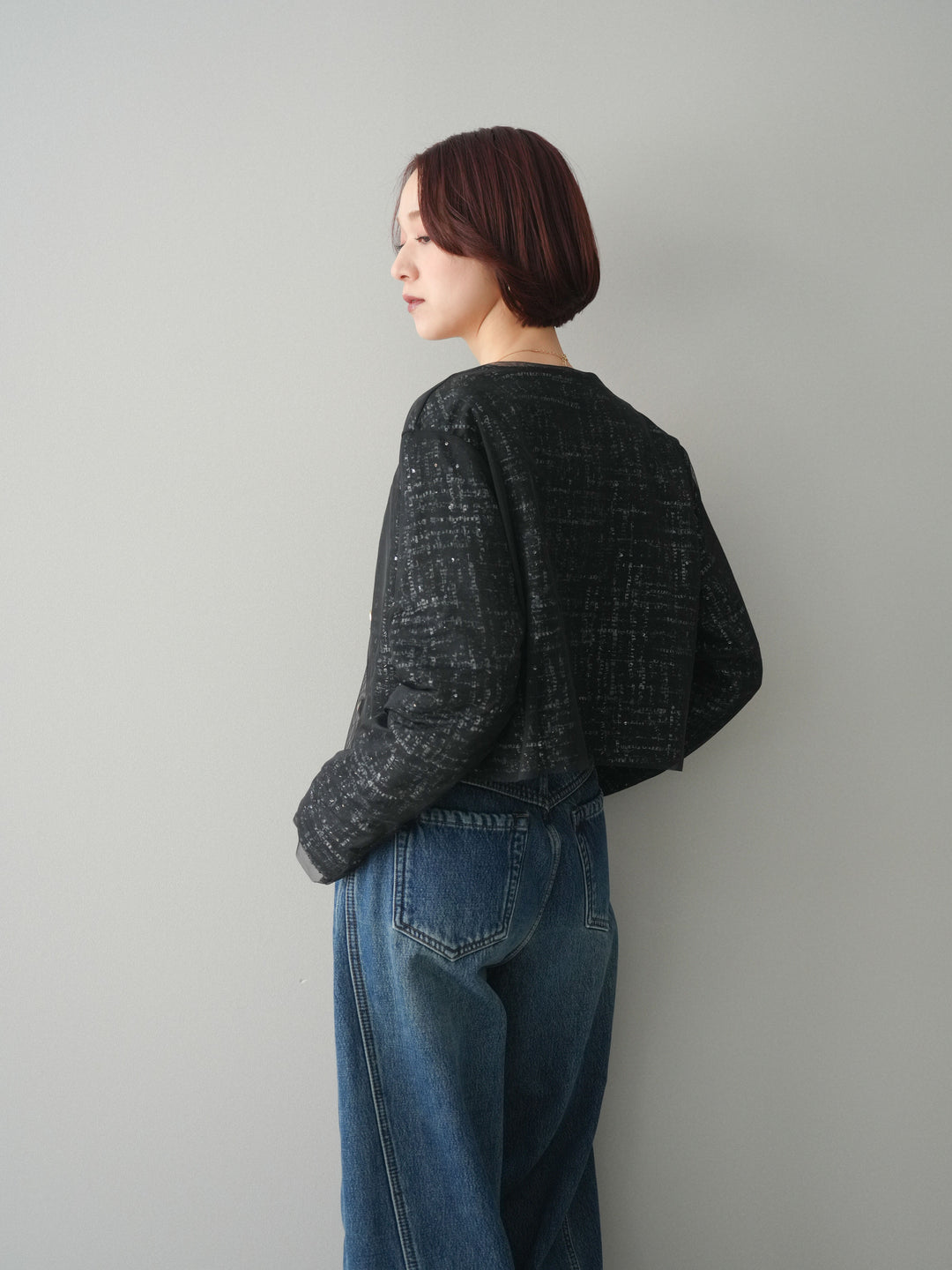 [予約]チュールレイヤードツイードクロップドジャケット/black