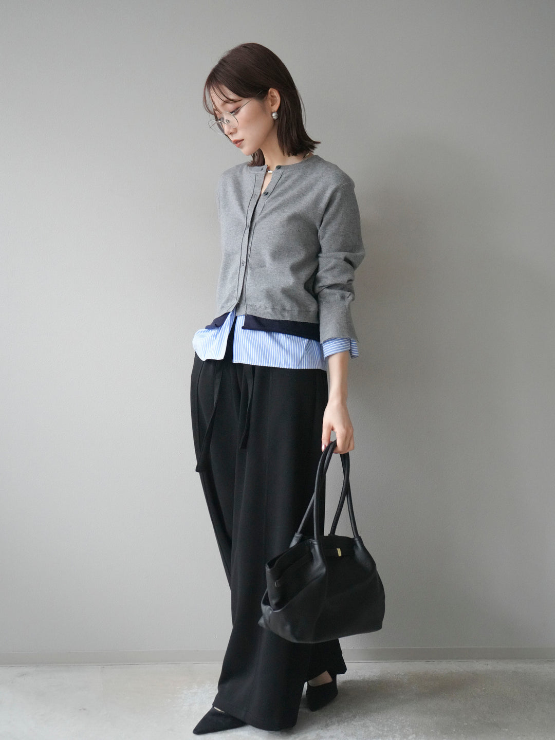 [SET]シャツ襟レイヤードニットカーディガン+ベルト付スウェットワイドパンツ(2set)