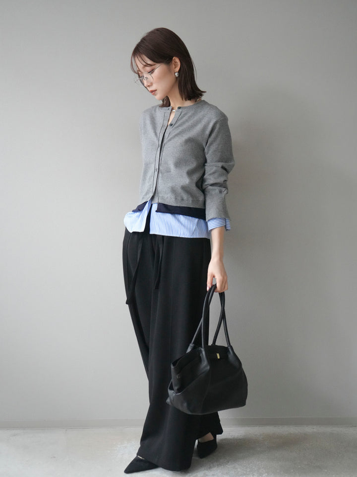 [SET]シャツ襟レイヤードニットカーディガン+ベルト付スウェットワイドパンツ(2set)