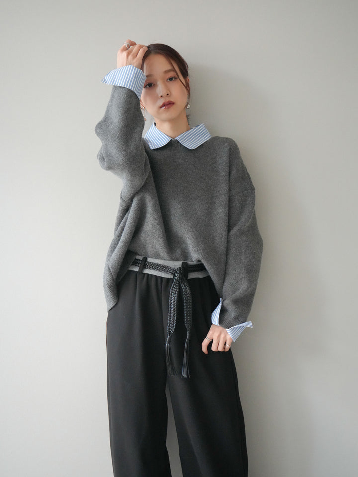 [SET]2WAYストライプ襟ニットプルオーバー+編み込みベルト付きウエスト配色スエットパンツ(2set)