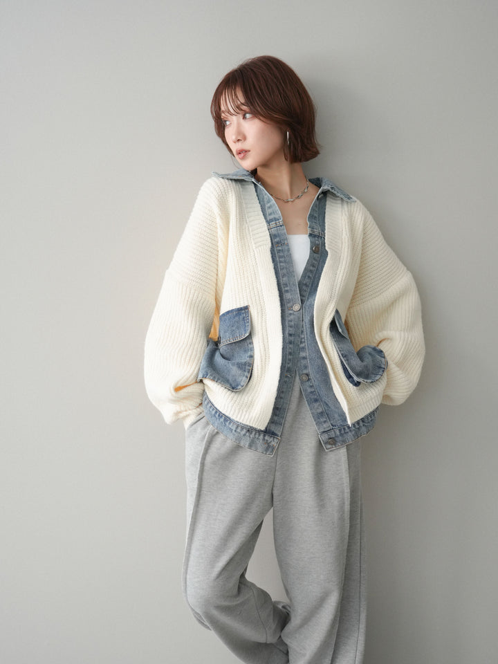 [SET]デニムドッキングオーバーニットジャケット+2WAYデザインスウェットパンツ(2set)