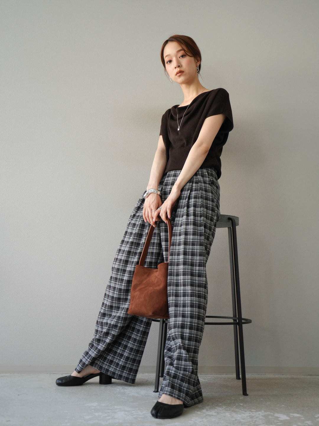 [予約]ドレープドルマンフレンチスリーブニットトップス/ブラウン