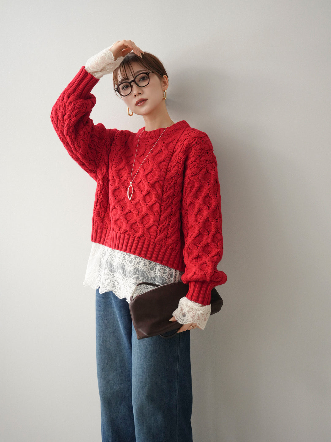 [予約]バルキーケーブルクロップドニットプルオーバー/red