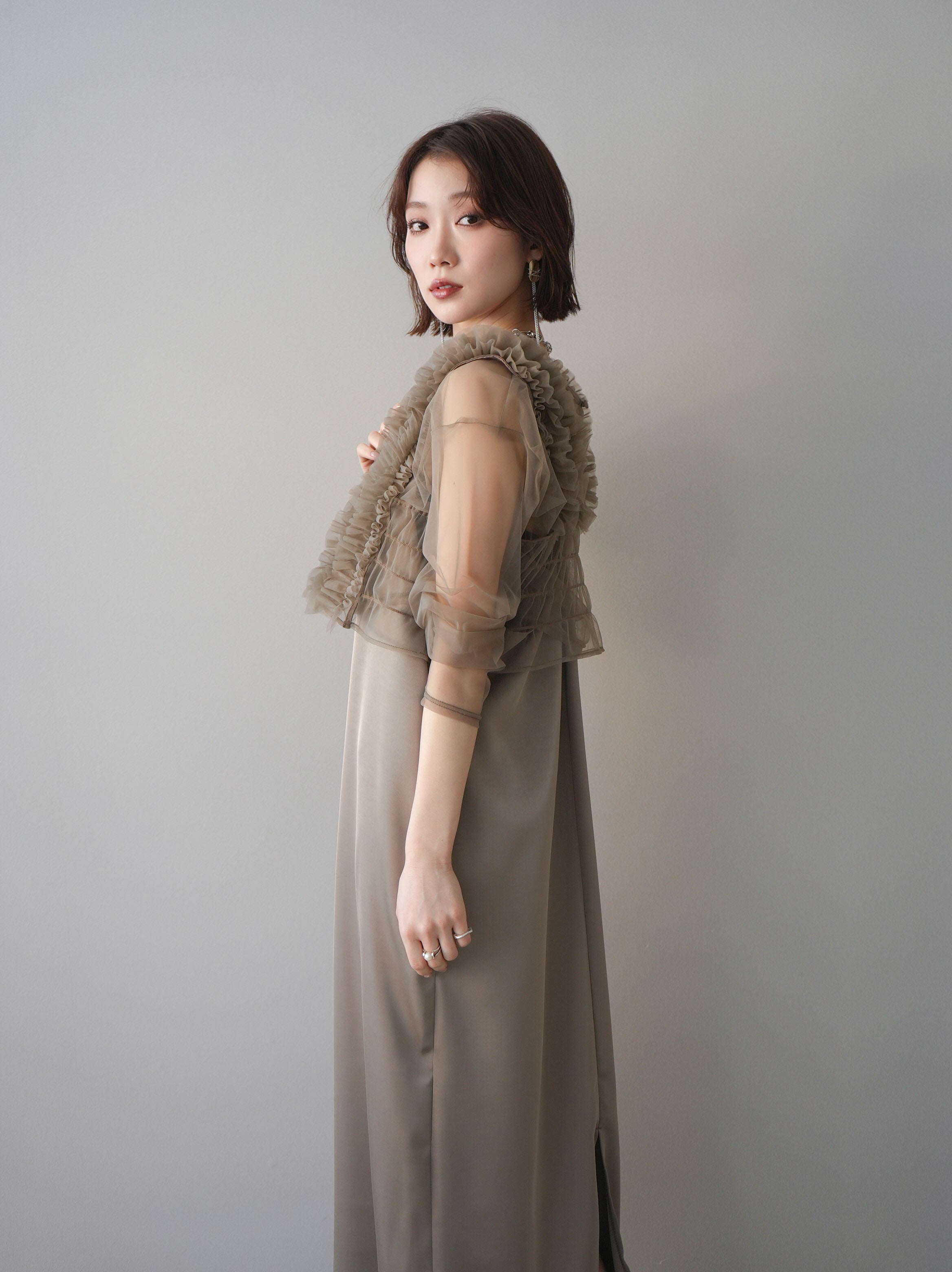 予約]チュールフリルアンサンブルキャミソールドレス 3点SET/beige