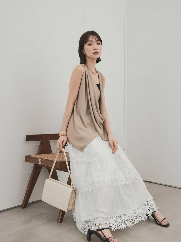 [SET]ドライタッチドレープニットプルオーバー+スカラップレースロングスカート(2set)