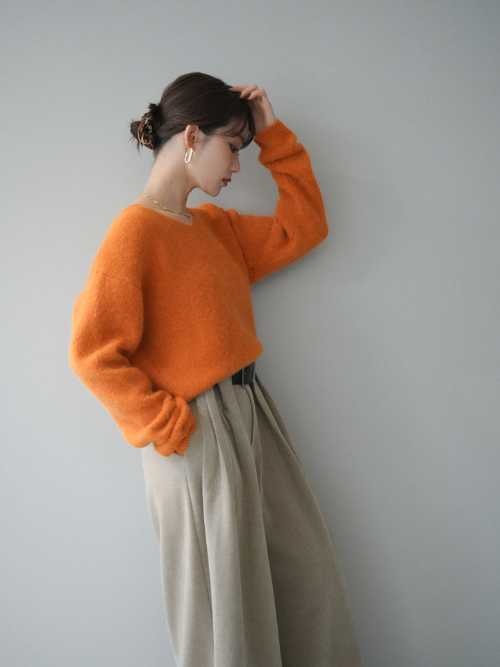 [SET]シュシュ付きアンゴラタッチVネックニットプルオーバー+ベルトデザインループコールテンワイドパンツ(ベルト付き)(2set)