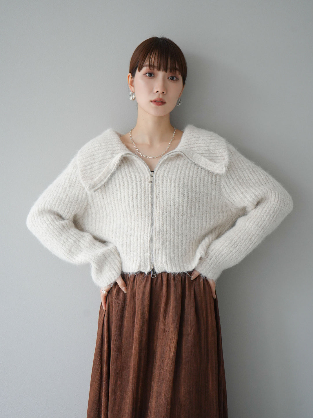 [予約]BIG襟ジップニットカーディガン/アイボリー
