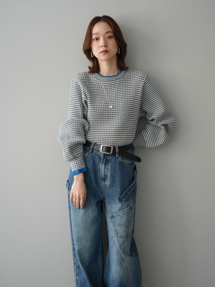 [SET]ラメ異素材ボーダーリブニットプルオーバー+ペインターカーブデニムパンツ(2set)