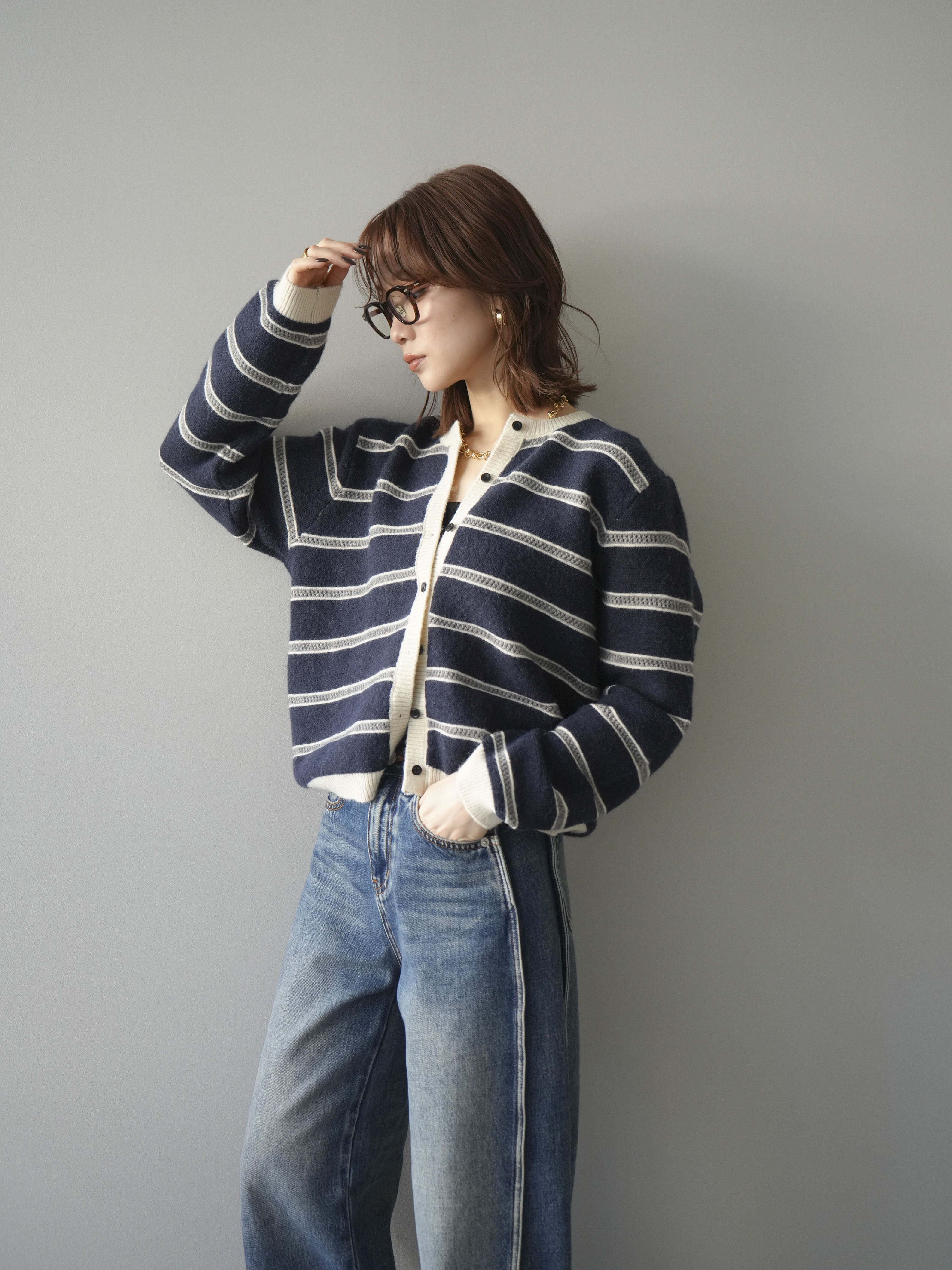 予約]配色ボーダーニットカーディガン/navy – Lumier