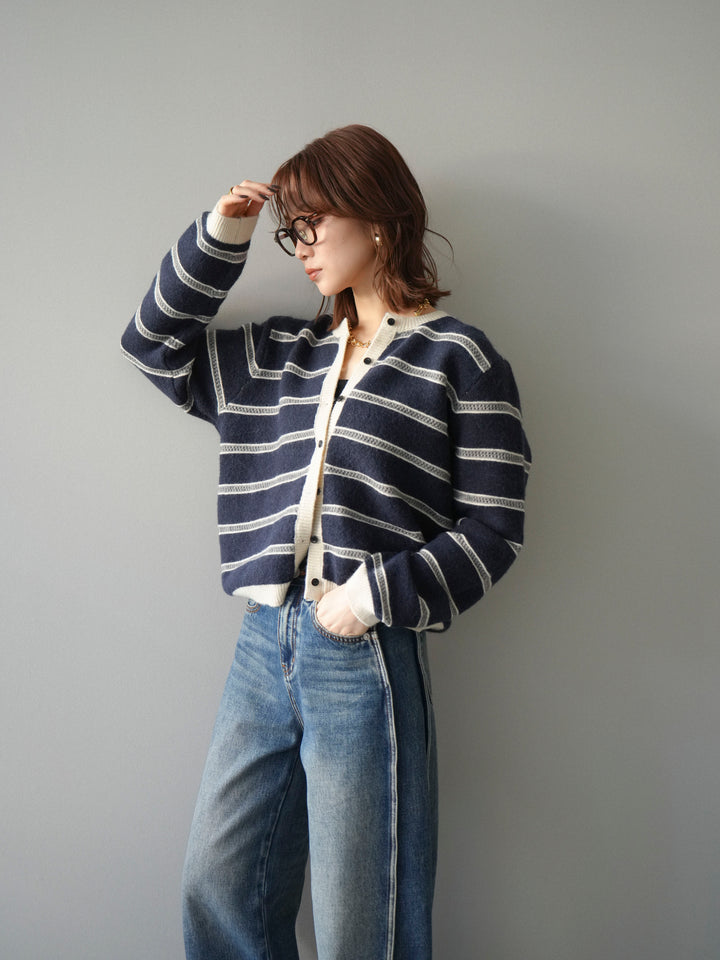 [予約]配色ボーダーニットカーディガン/navy