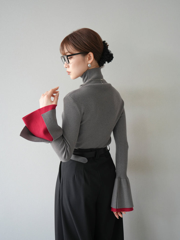 [予約]レイヤードフレアスリーブハイネックニットトップス/グレー