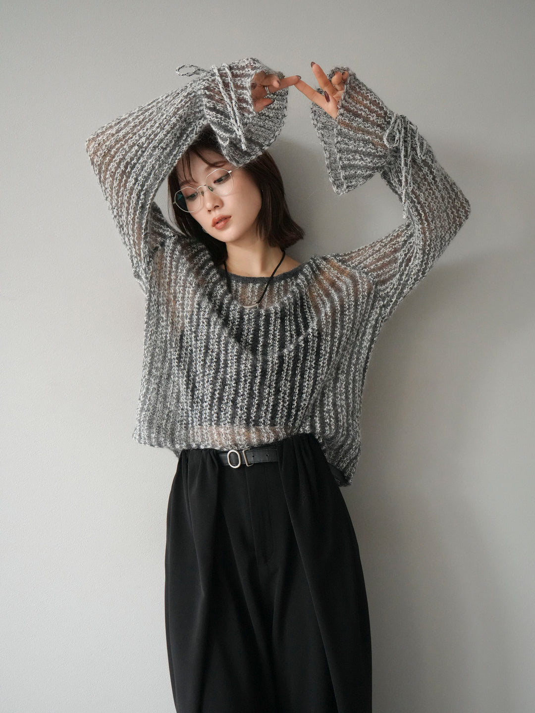 [予約]ストライプメッシュニットプルオーバー/グレー