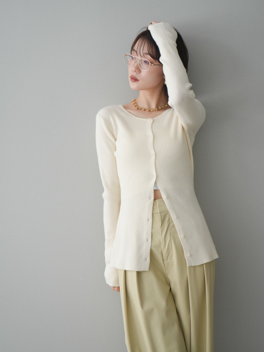 [予約]前後2WAYリブ編みクルーネックカーディガン/ivory