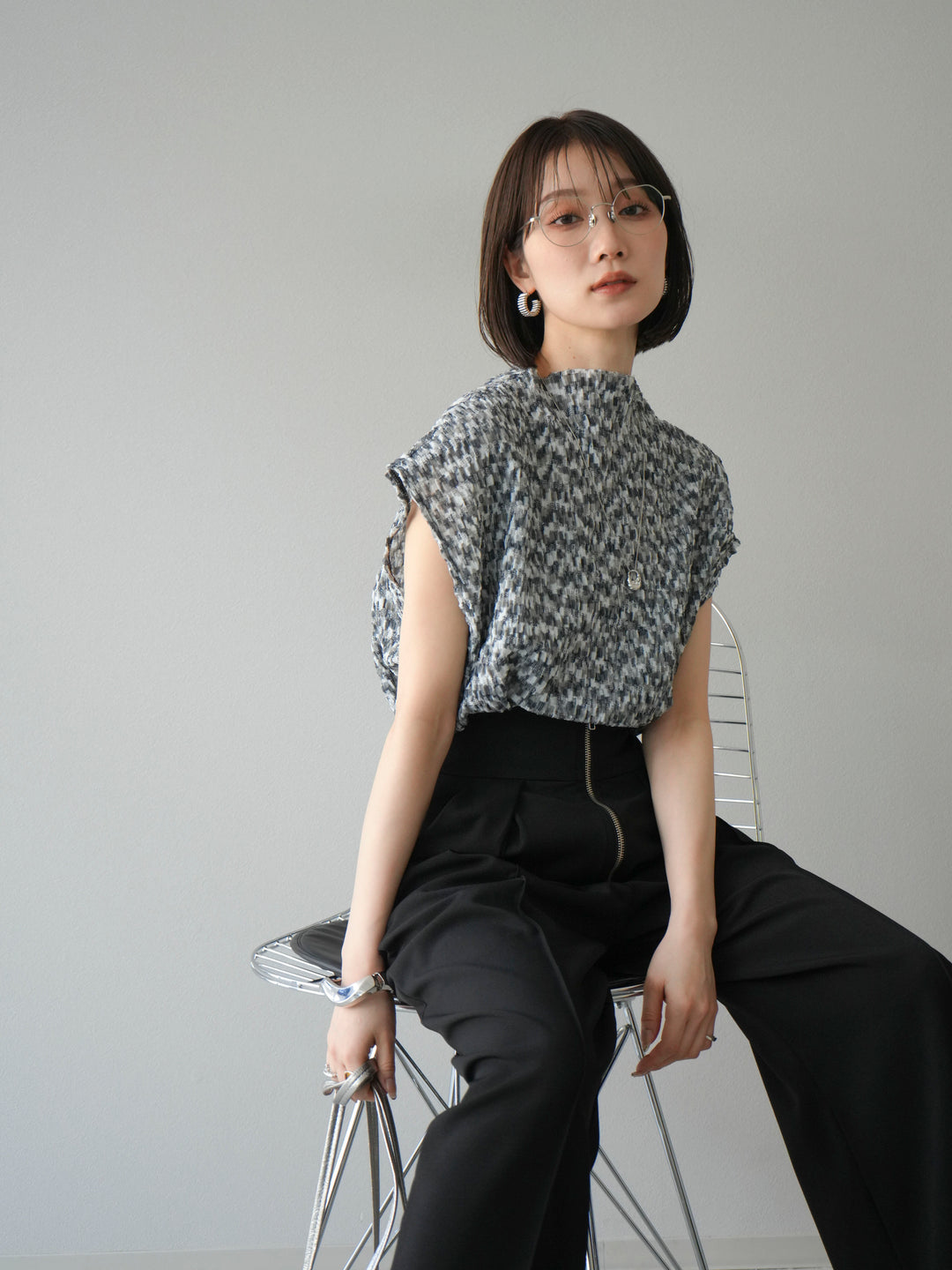 [SET] 多色隨機百褶法式上衣+拉鍊褶襉寬褲（2件套）