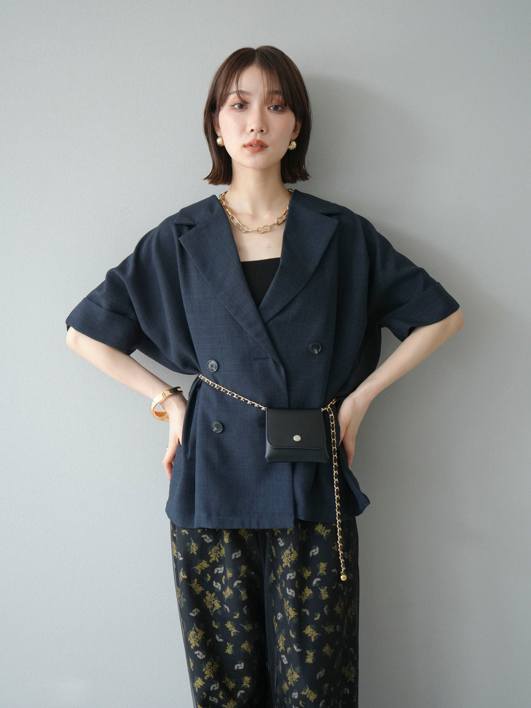 [SET]リネンライクハーフテーラードジャケット+コード刺繍チュールレイヤードパンツ(2set)