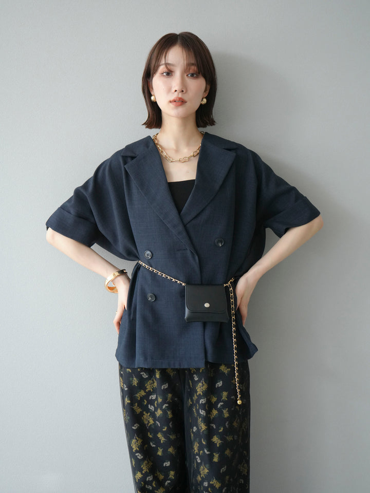 [SET]リネンライクハーフテーラードジャケット+コード刺繍チュールレイヤードパンツ(2set)