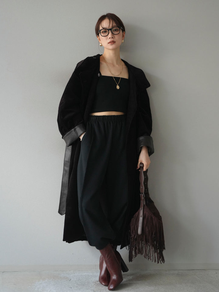 [予約]コーデュロイ折り返しレザーロングコート/brown