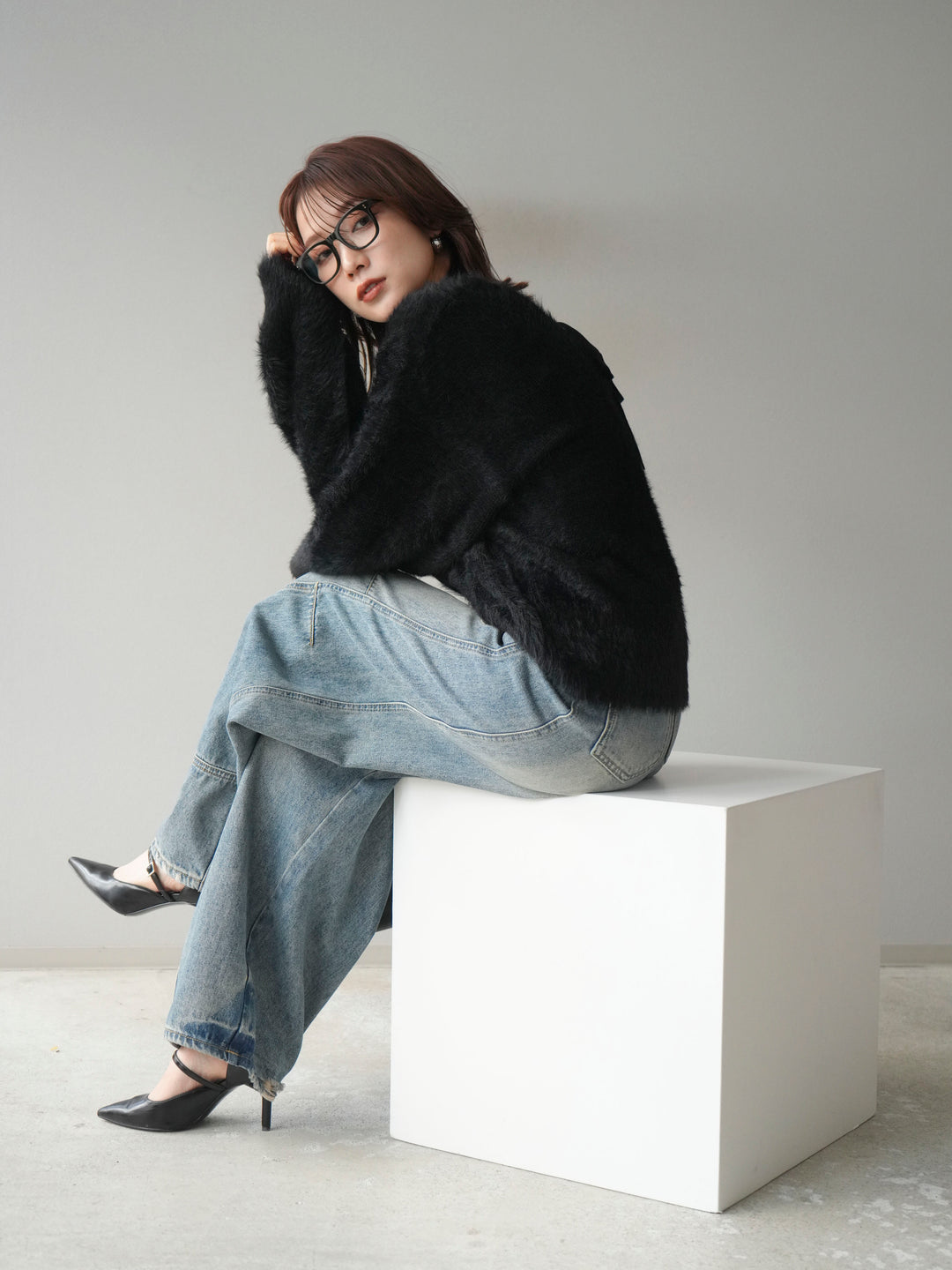 [予約]バックリボンVネックシャギーニットプルオーバー/black