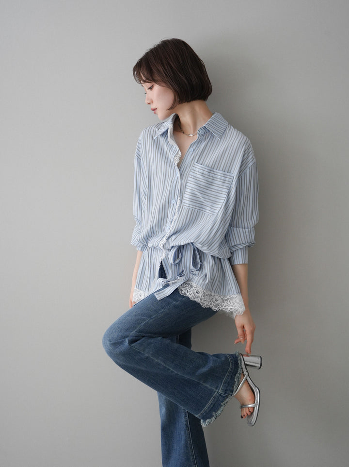 [SET]レース付ストライプウエストギャザーシャツ+フリンジデザインセミフレアデニム(2set)