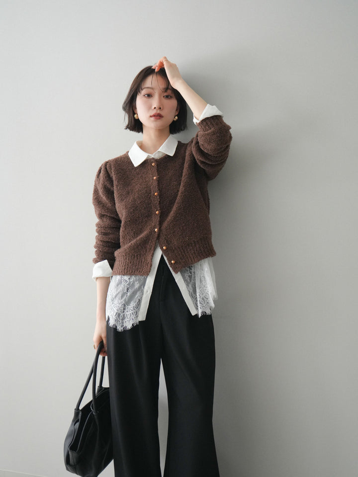 [SET]ゴールドボタンブークレニットカーディガン+総レースボリュームスリーブシャツ(2set)