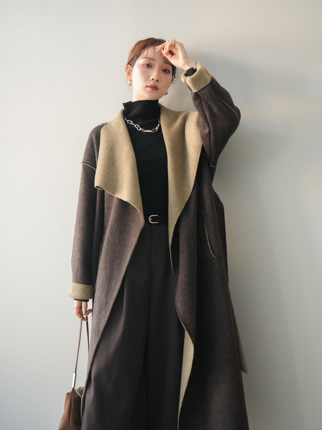 [予約]ダブルフェイスバイカラーロングコート/khaki