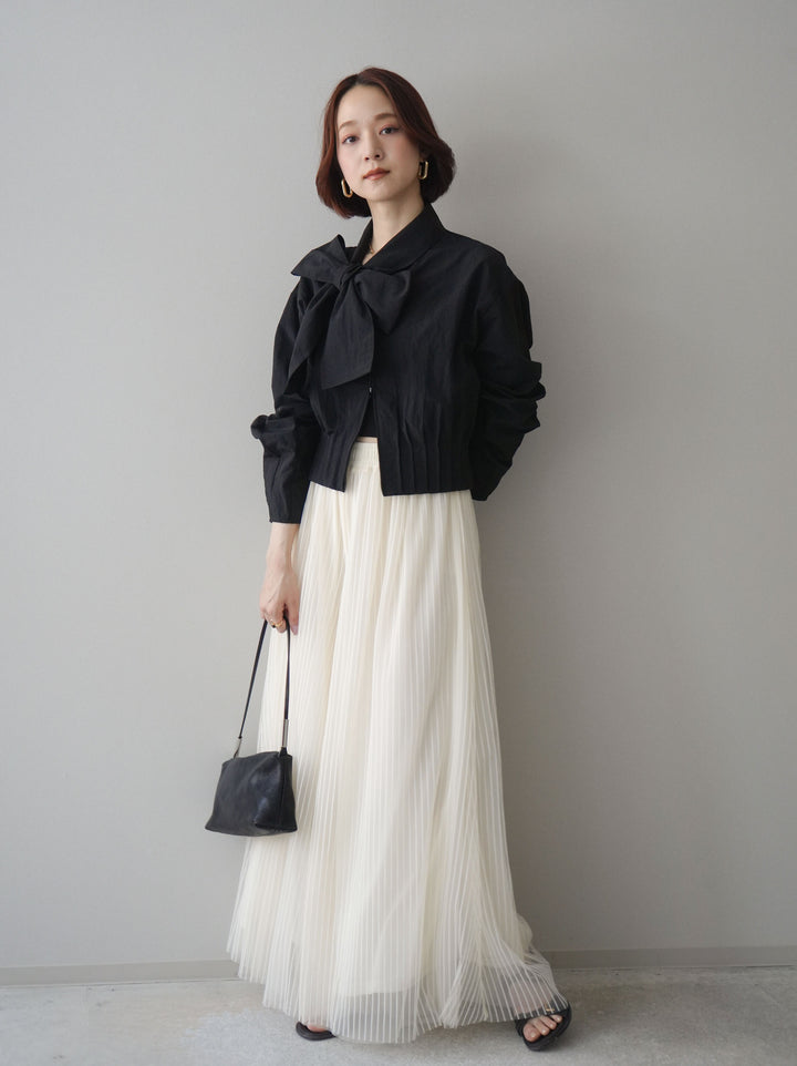 [SET]ボウタイ裾プリーツライトジャケット+ストライプチュールボリュームバギーパンツ(2set)