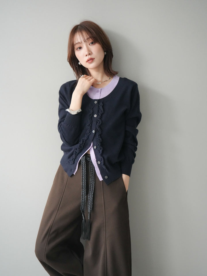 [予約]配色レイヤードフリルデザインニットカーディガン/black