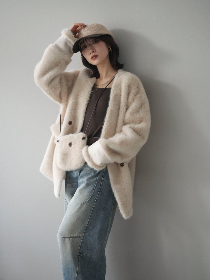 [SET]バッグ付エコファーノーカラーコート+ベルト付カーブデニムパンツ(2set)