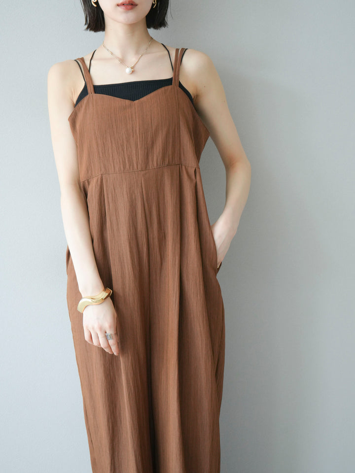 [SET]リネンライクビスチェデザインサロペット+ダブルストラップカットリブブラキャミソール(2set)