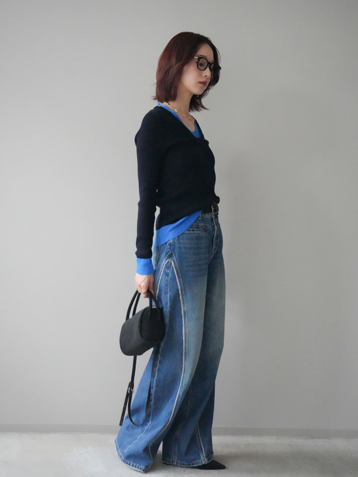 [SET]Uネック配色レイヤードリブニットトップス+サイドフリンジワイドデニムパンツ(2set)