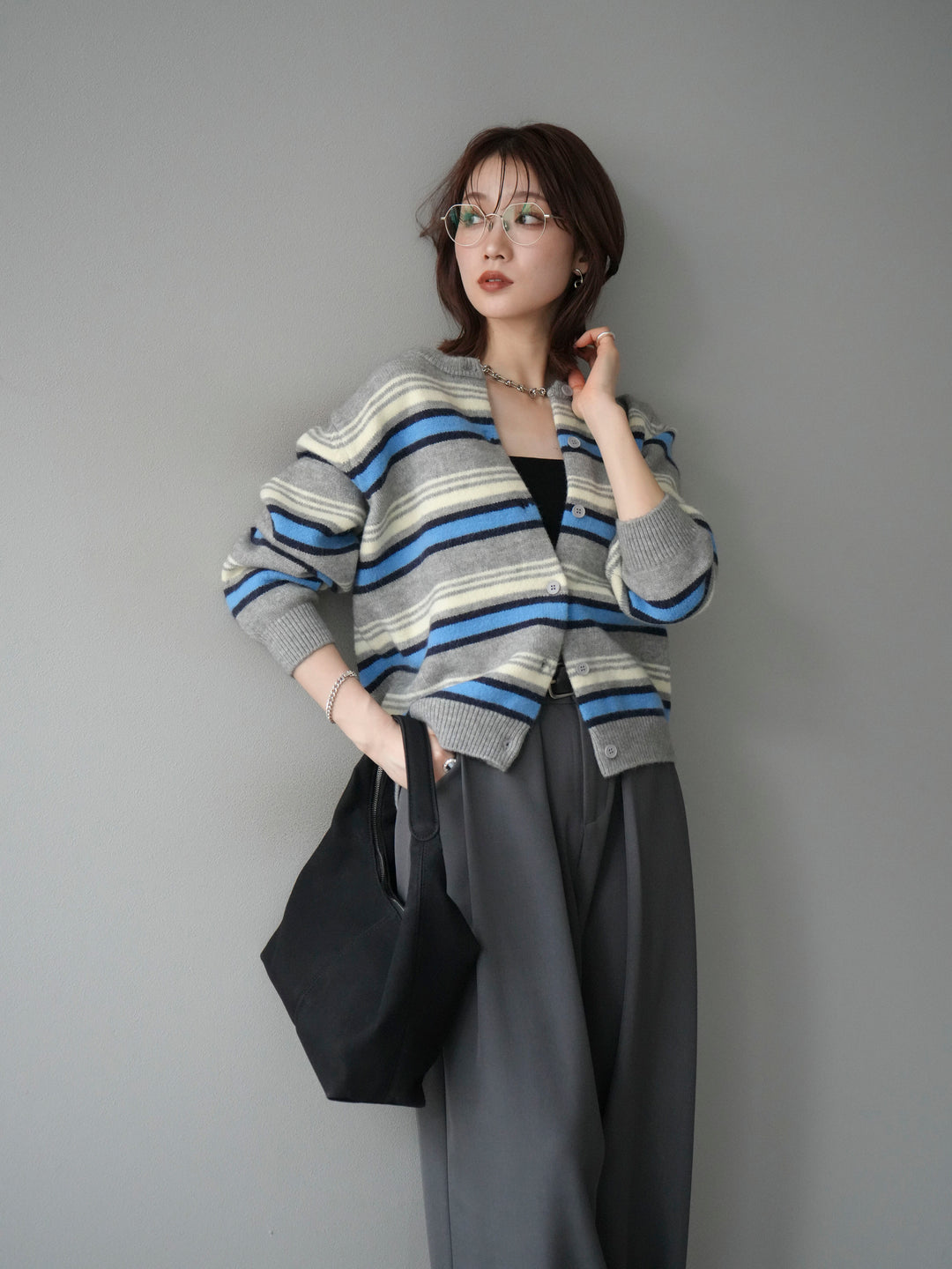 [SET]マルチボーダーニットカーディガン+ベルトループデザインワイドパンツ(2set)