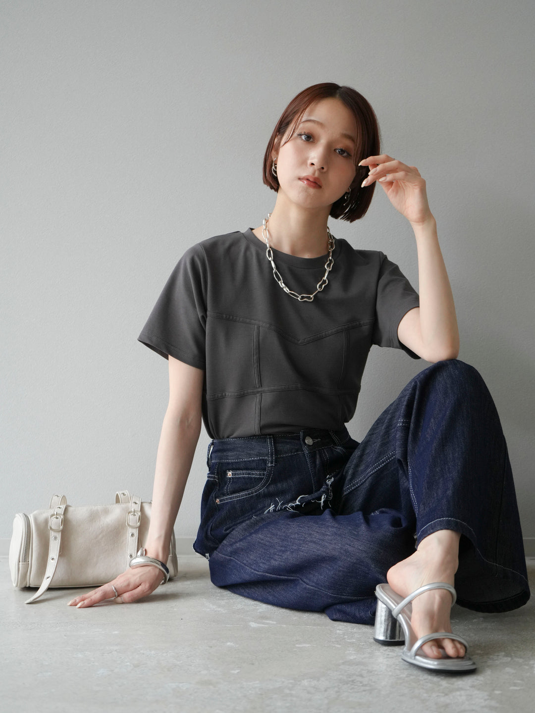 [SET]ビスチェデザインTシャツ+ヒップデザインデニムパンツ(2set)