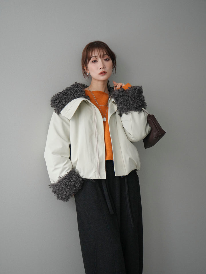 [SET]プードルファーダウンジャケット+アンゴラタッチボートネッククロップドプルオーバー+ウエストベルトカーブラインスエットパンツ(3set)