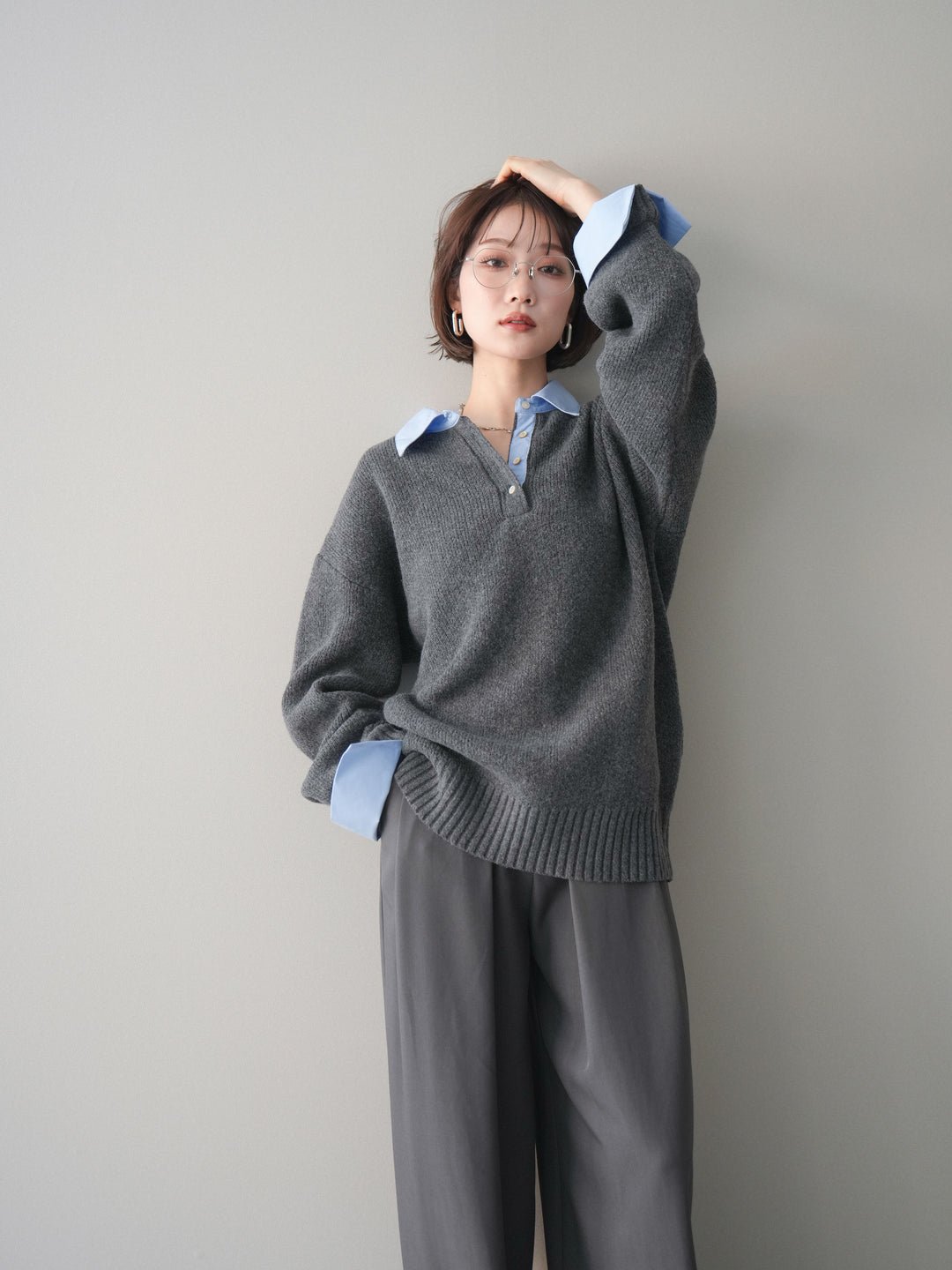 [予約]シャツドッキングオーバーニットプルオーバー/charcoalsax