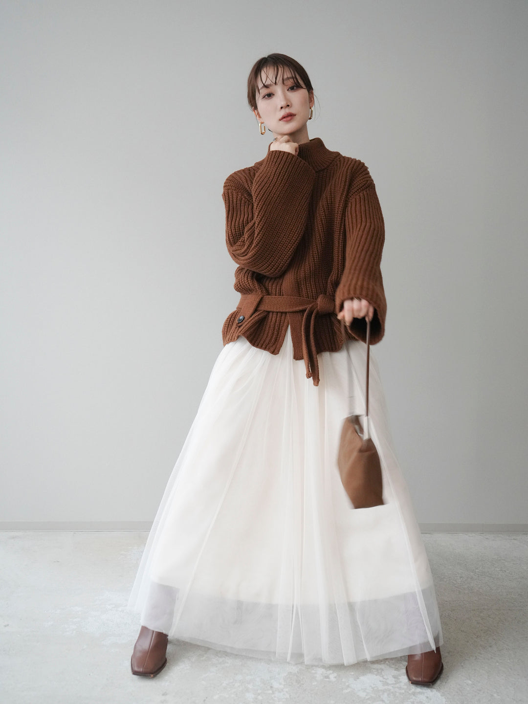 [予約]畦編みボトルネックZIPニットカーディガン/brown