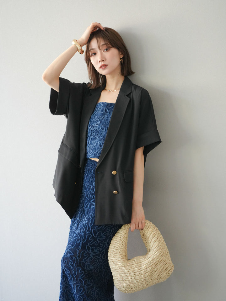 [予約]パイピングフラワーシアーベロアキャミソール/ネイビー