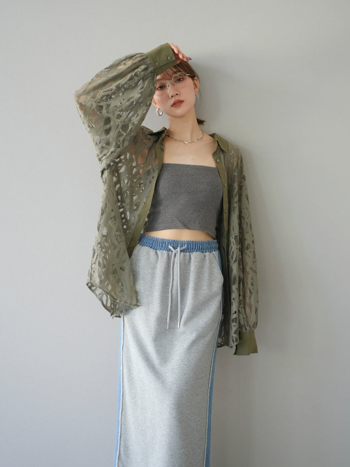 [SET]コードレースオーバーシャツ+デニムドッキングスウェットスカート(2set)