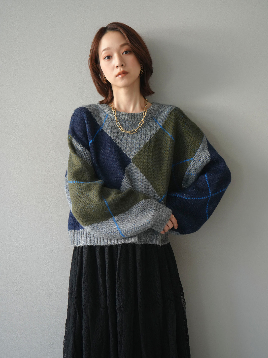 [SET]配色ステッチアーガイル柄ニットプルオーバー+ヴィンテージライクメッシュレーススカート(2set)