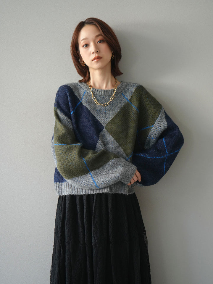 [SET]配色ステッチアーガイル柄ニットプルオーバー+ヴィンテージライクメッシュレーススカート(2set)