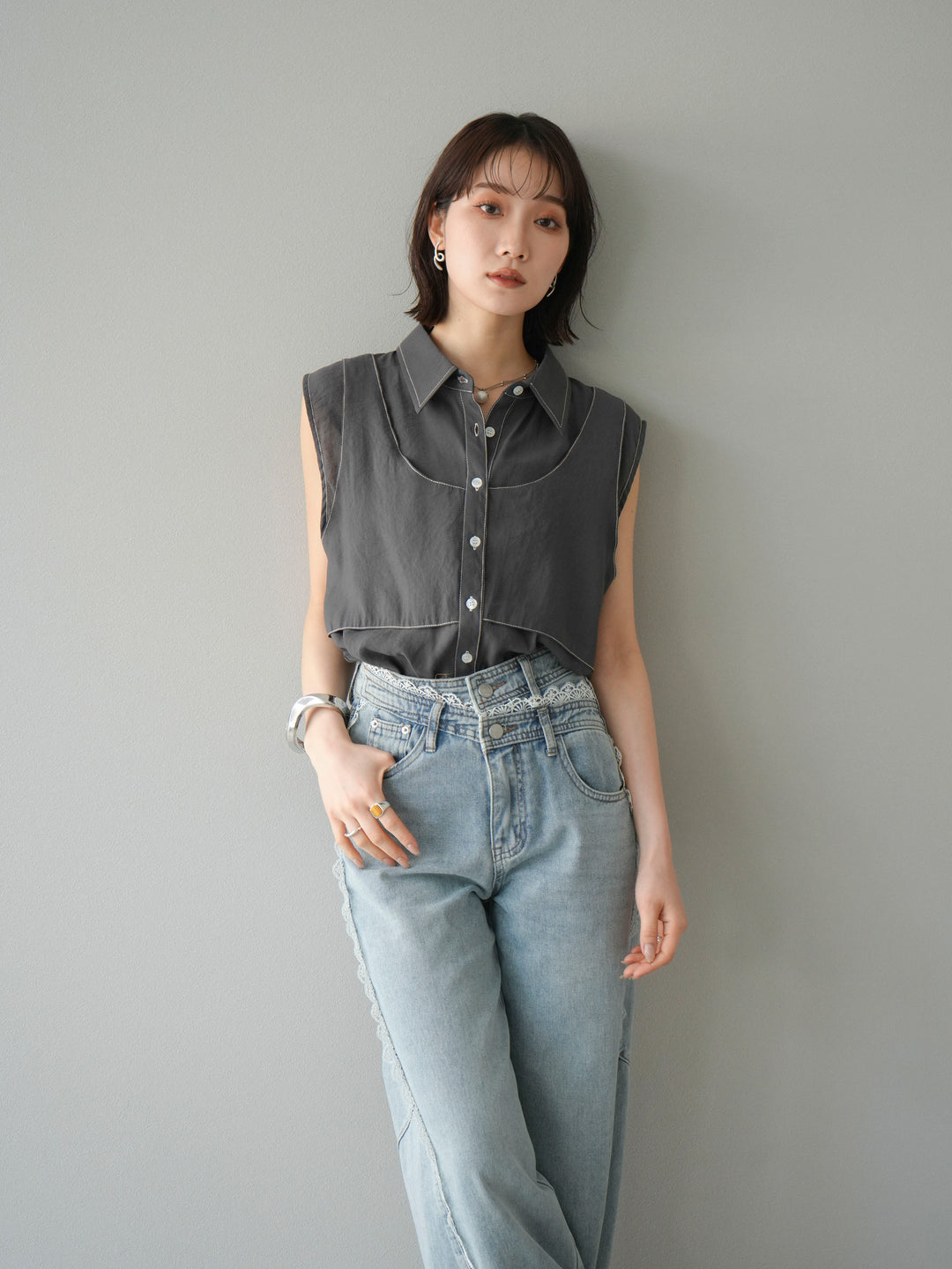 [預訂] 縫合透視多層設計襯衫/炭灰色