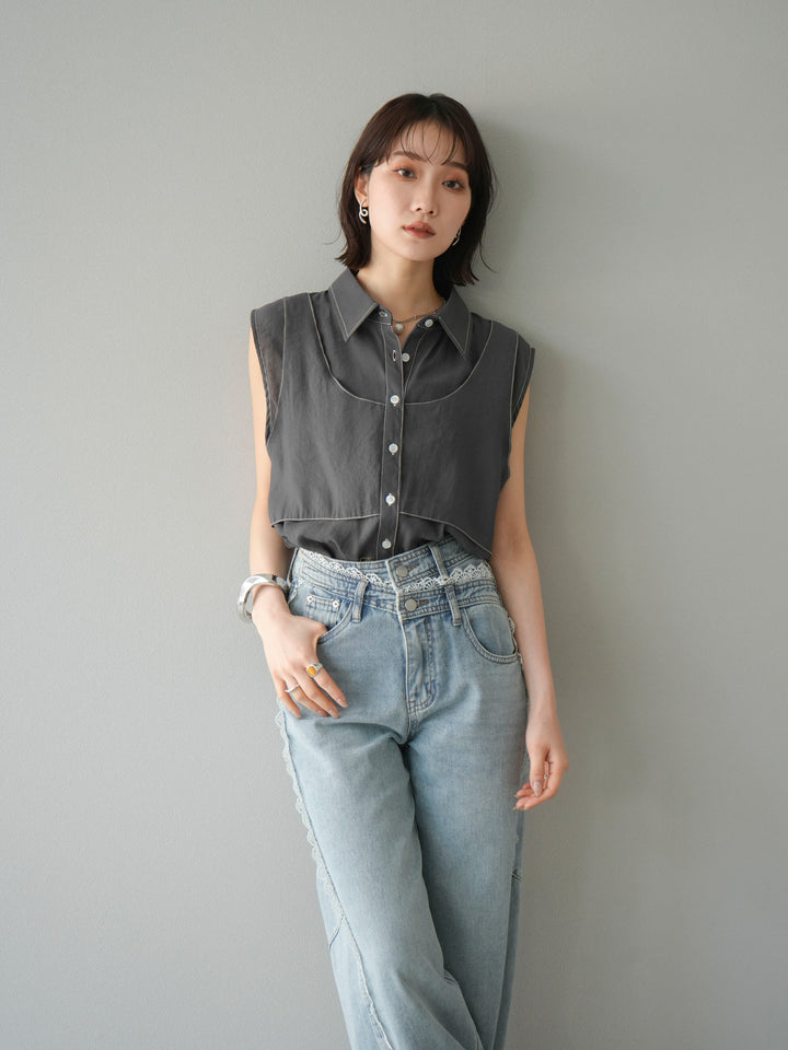 [預訂] 縫合透視多層設計襯衫/炭灰色