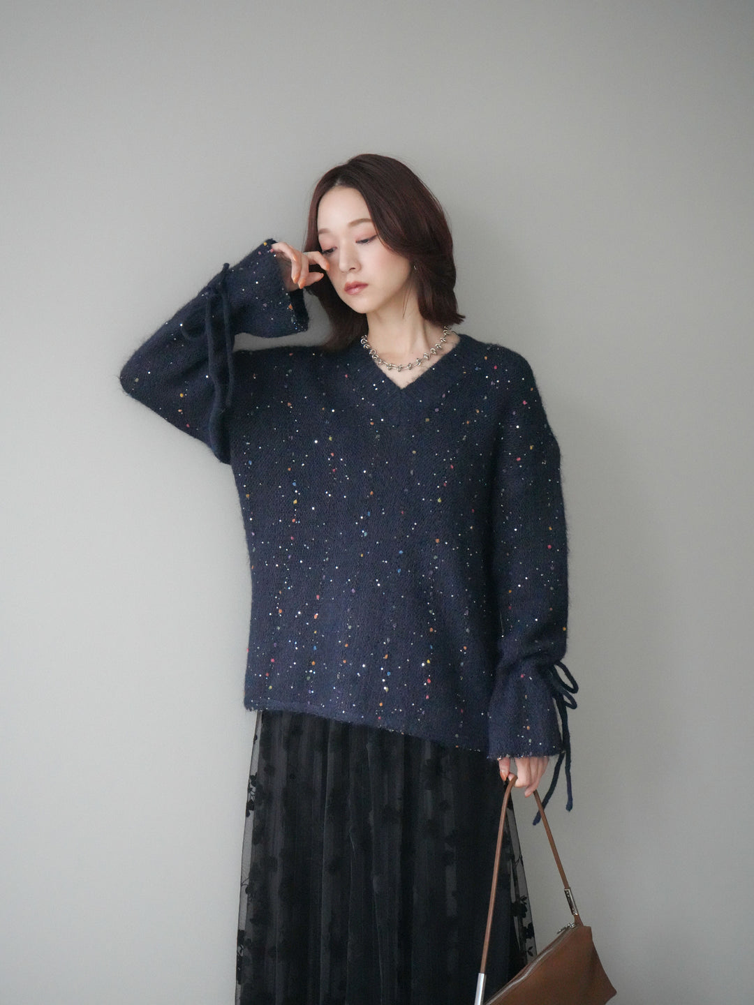 [SET]キャンディースリーブカラーネップスパンコールニットプルオーバー+フラワーフロッキーチュールプリーツスカート(2set)