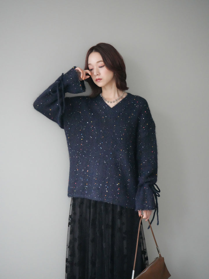 [SET]キャンディースリーブカラーネップスパンコールニットプルオーバー+フラワーフロッキーチュールプリーツスカート(2set)