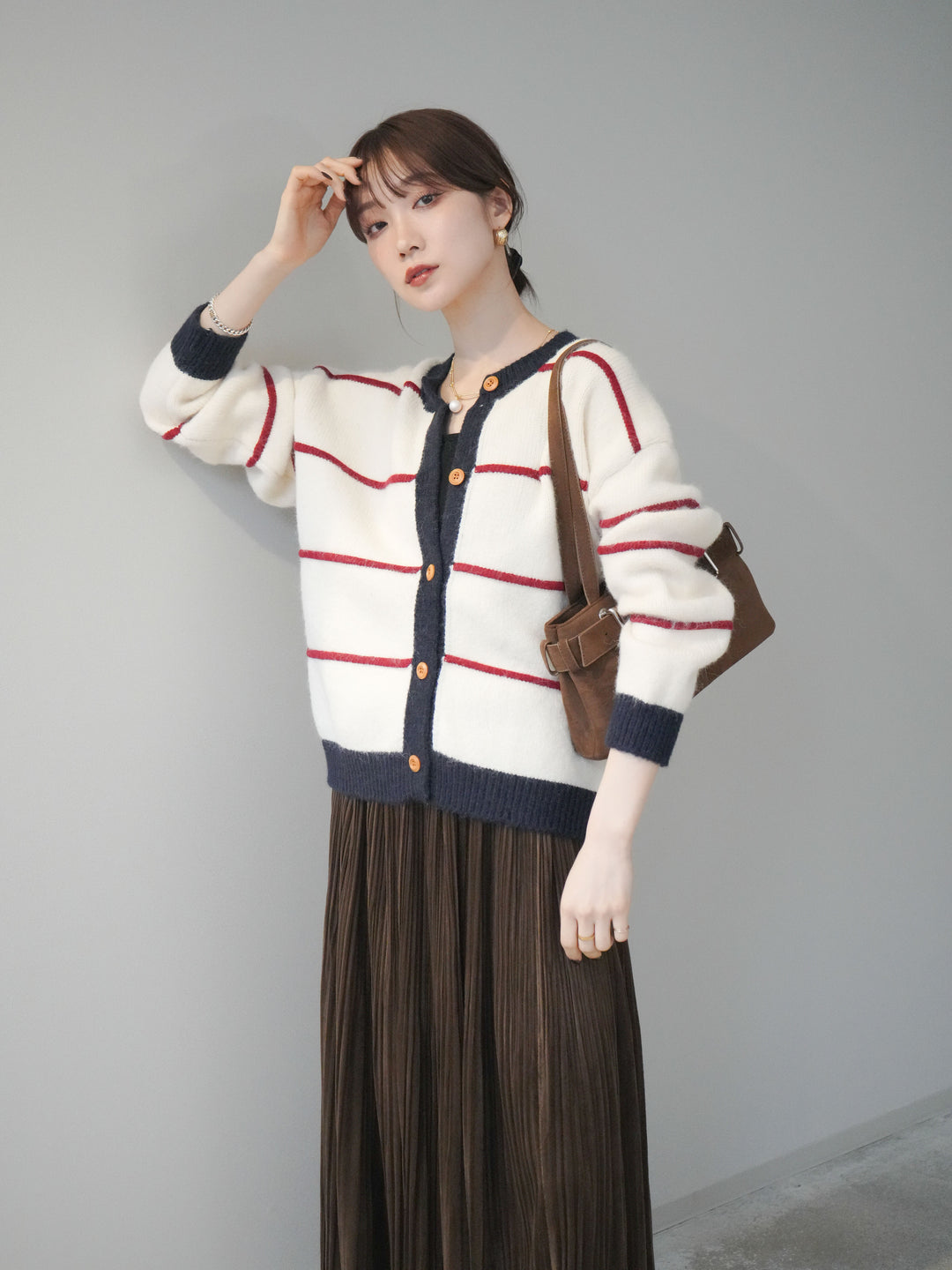 [予約]配色ボーダーニットカーディガン/red