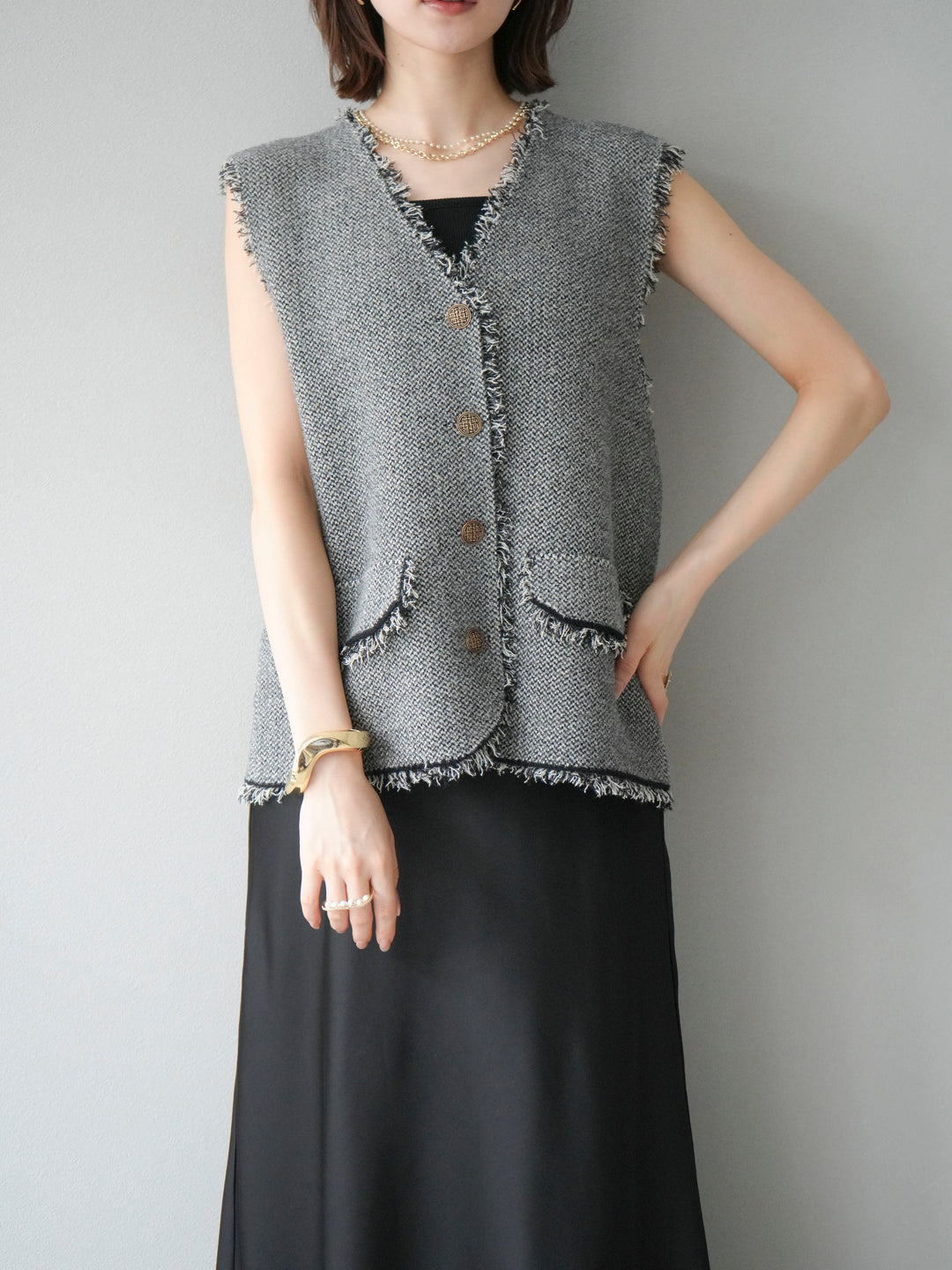 [予約]ツイードライクフリンジニットベスト/ブラック