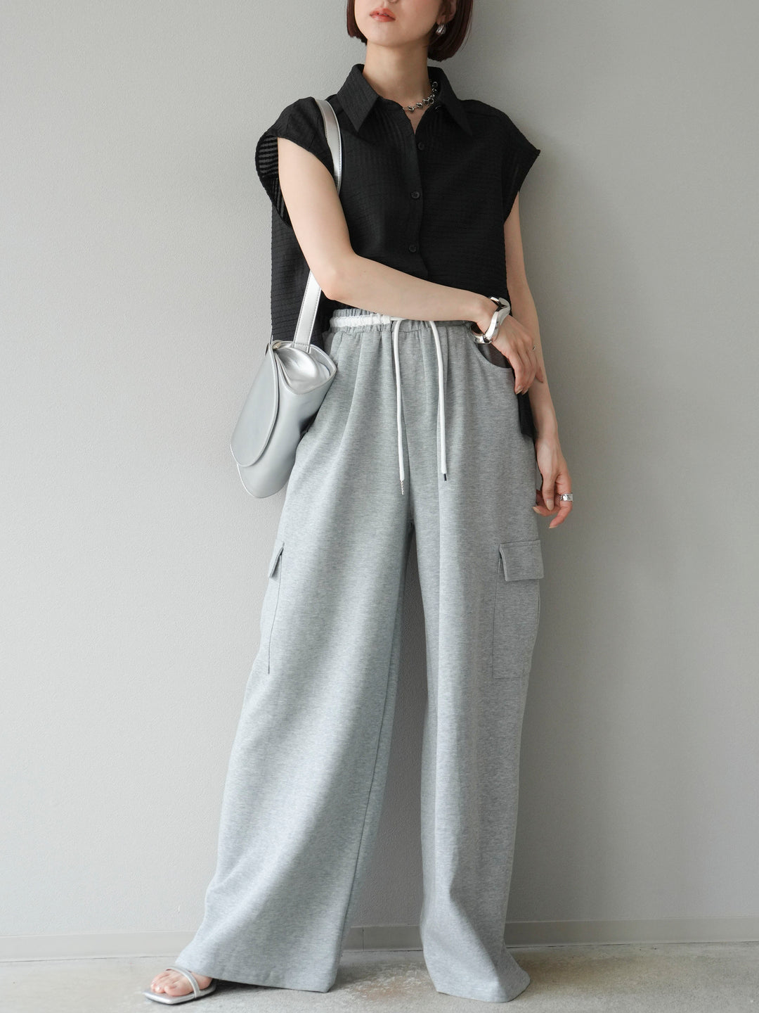 [予約]シアーチェックノースリーブシャツ/ブラック