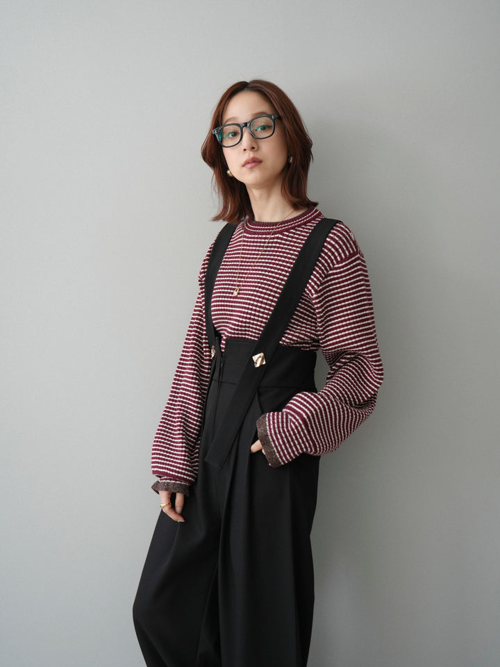 [SET]ラメ異素材ボーダーリブニットプルオーバー+ゴールドボタンサスペンダーワイドパンツ(2set)