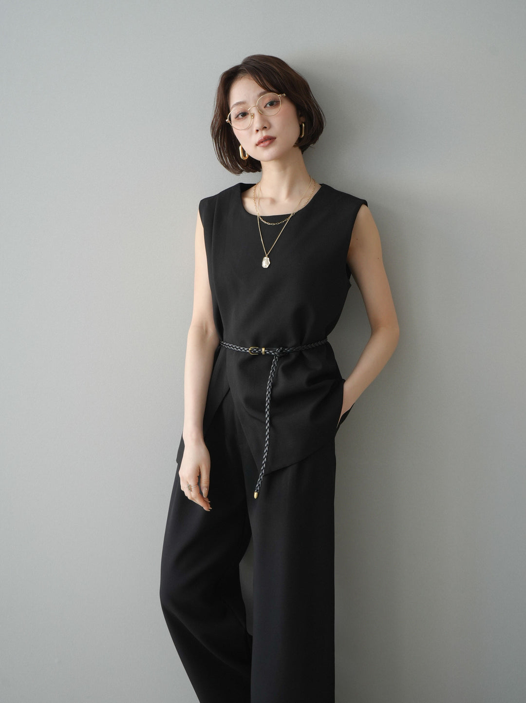 [SET]ベルト付ノースリーブトップス＆ワイドパンツSETUP