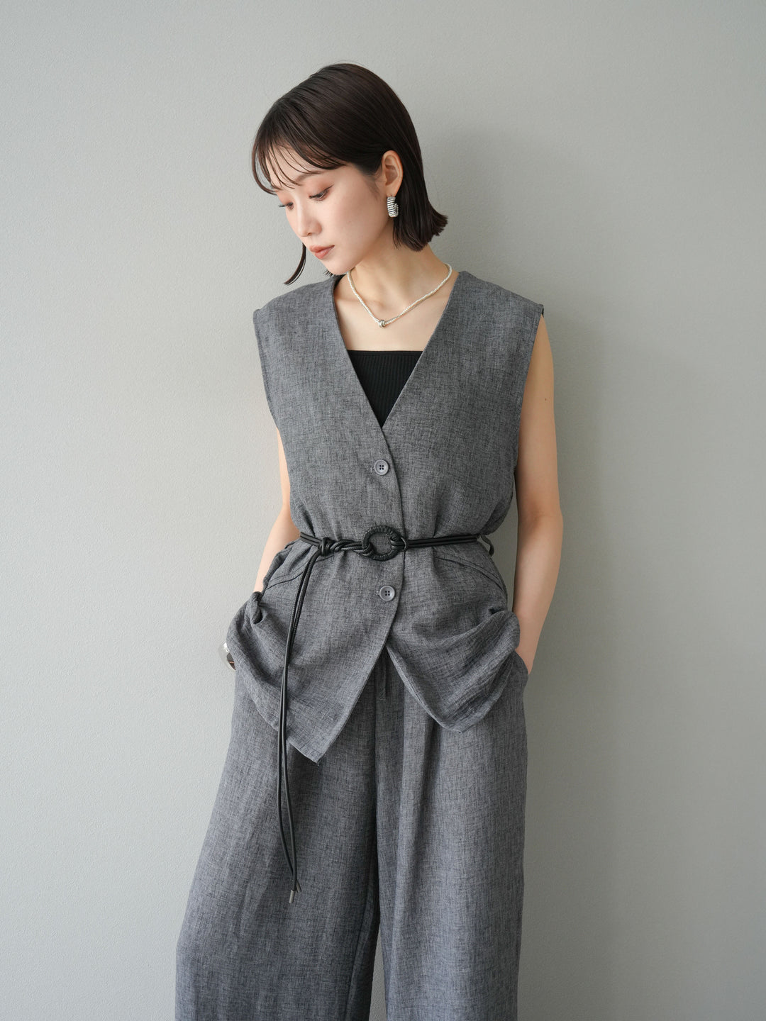 [SET]ベルト付リネンタッチベスト＆ワイドパンツSET UP(2set)