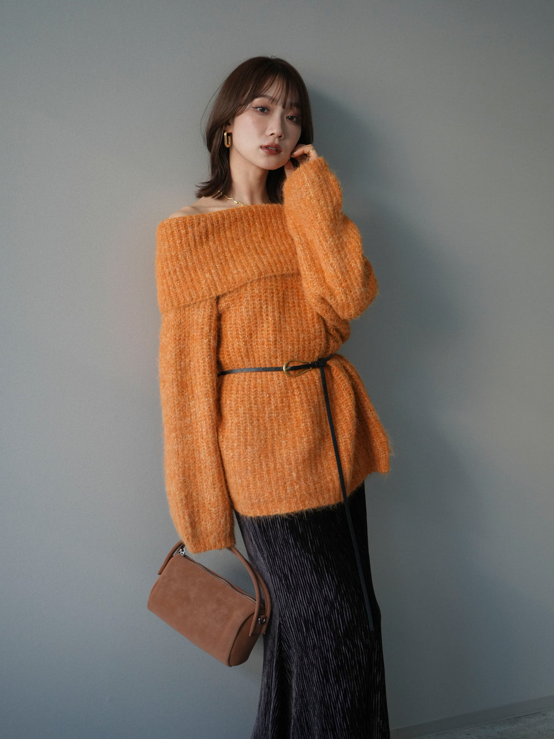 [予約]オフショルミックスニットプルオーバー/orange